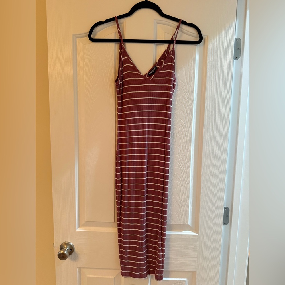 Express Maroon and White Striped Midi Dress